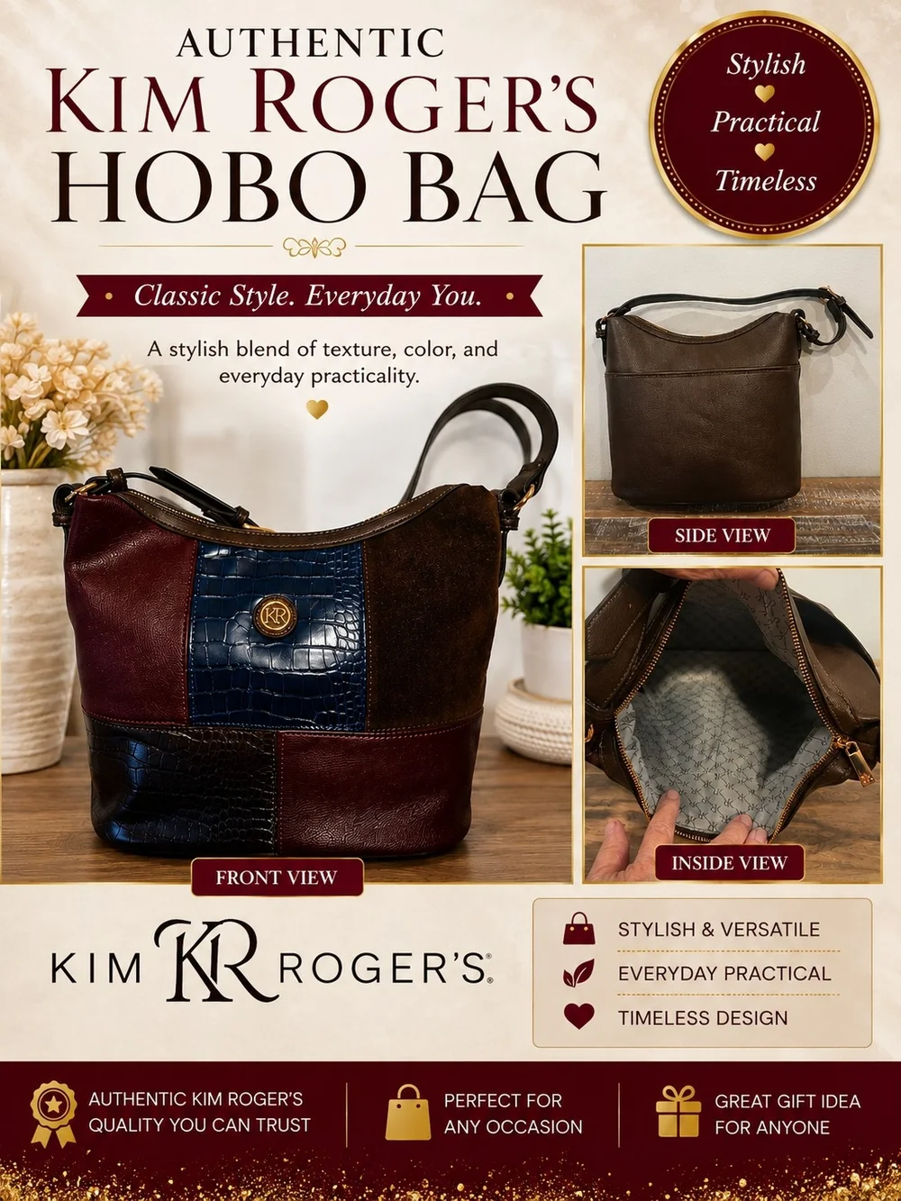 Kim Rogers Patchwork Hobo Bag in Brown, Burgundy & Navy